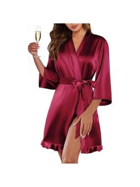 Women’s Wine Red Satin Kimono Robe Short Silk Feel Bridal Robe with Ruffled Hem